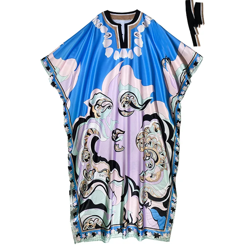 

2021 Summer New Loose Plus Size Print Dress Women Middle East O-neck Robe Maxi Dress Female Boho Vacation Beach Dress Vestidos