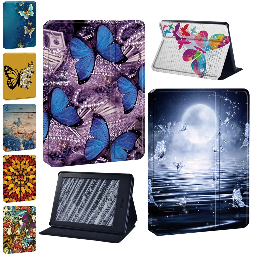 

For Amazon Kindle 8th 10th Paperwhite 1/2/3/4 Butterfly Print Pattern Anti-fall PU Leather Tablet Protective Case+Free Stylus