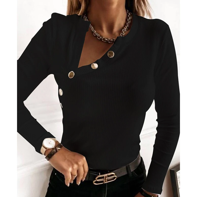 

Женская Винтажная футболка на пуговицах, однотонная черная эластичная облегающая футболка с длинным рукавом, модель SJ8726X на весну и осень, ...