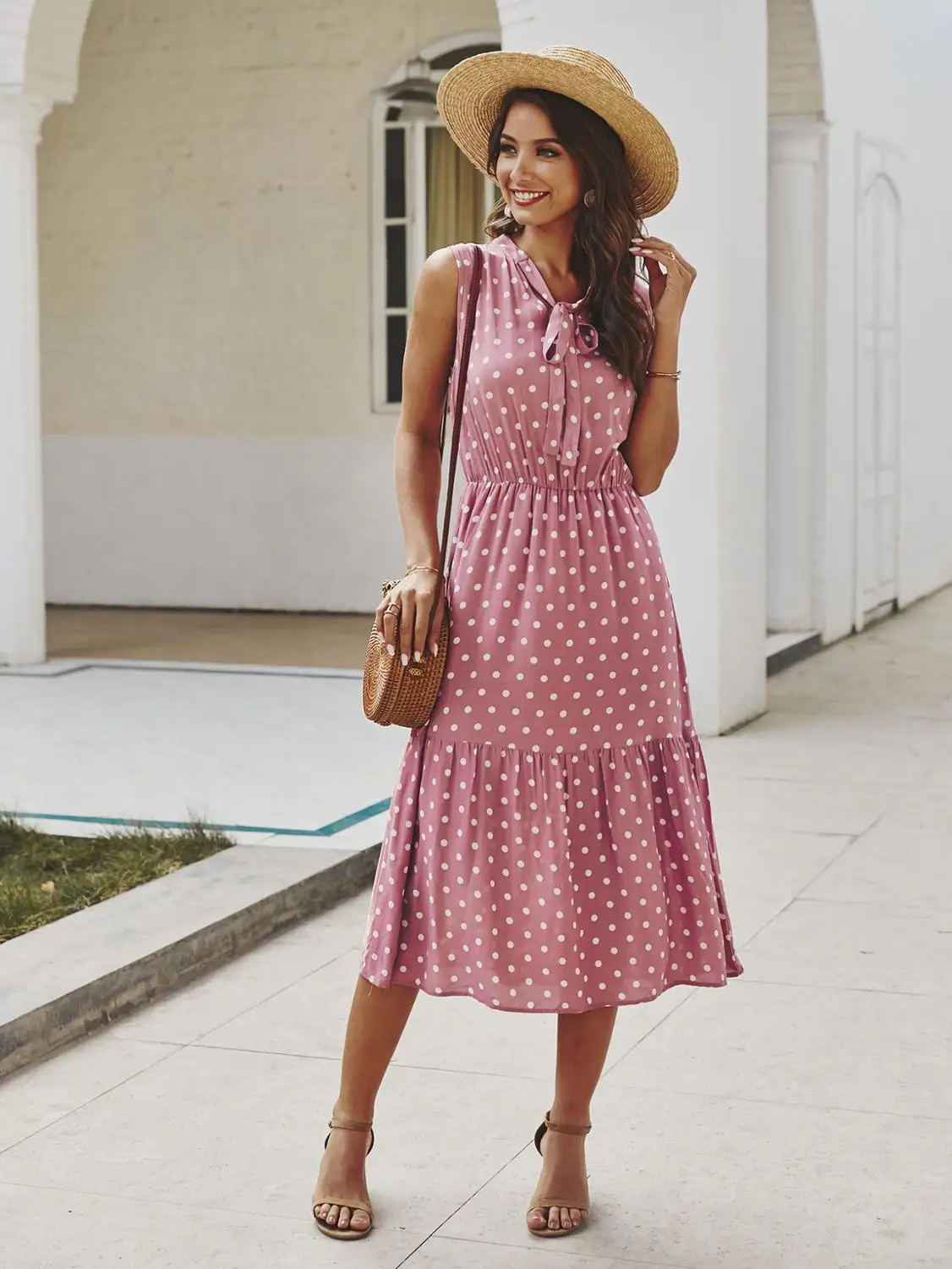

Long Dress Women Polka-dot Pink White Ruched Midi Dresses Elegant Lacing-Up Bow Tie 2020 Casual Summer Dress Women Clothes