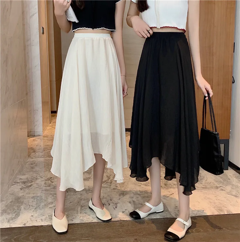 

Elegant Irregular Ruffles Pleated Chiffon Mid Length Skirt Women's 2021 Summer Fashion High Waist Loose A-line Midi Skirt