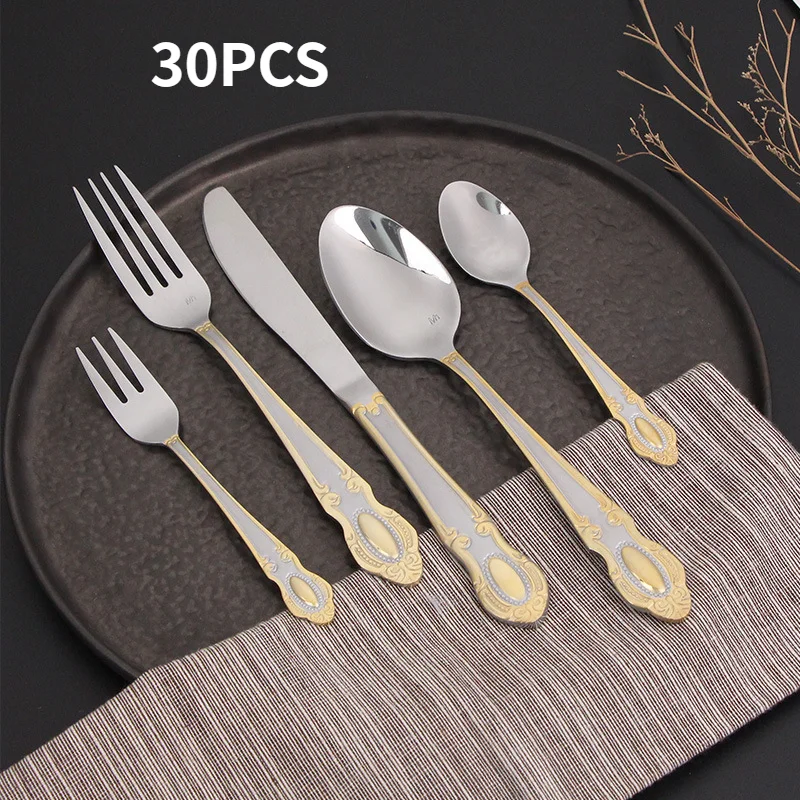 5 sets of 30 pieces court vintage carved Western food stainless steel knife and fork spoon