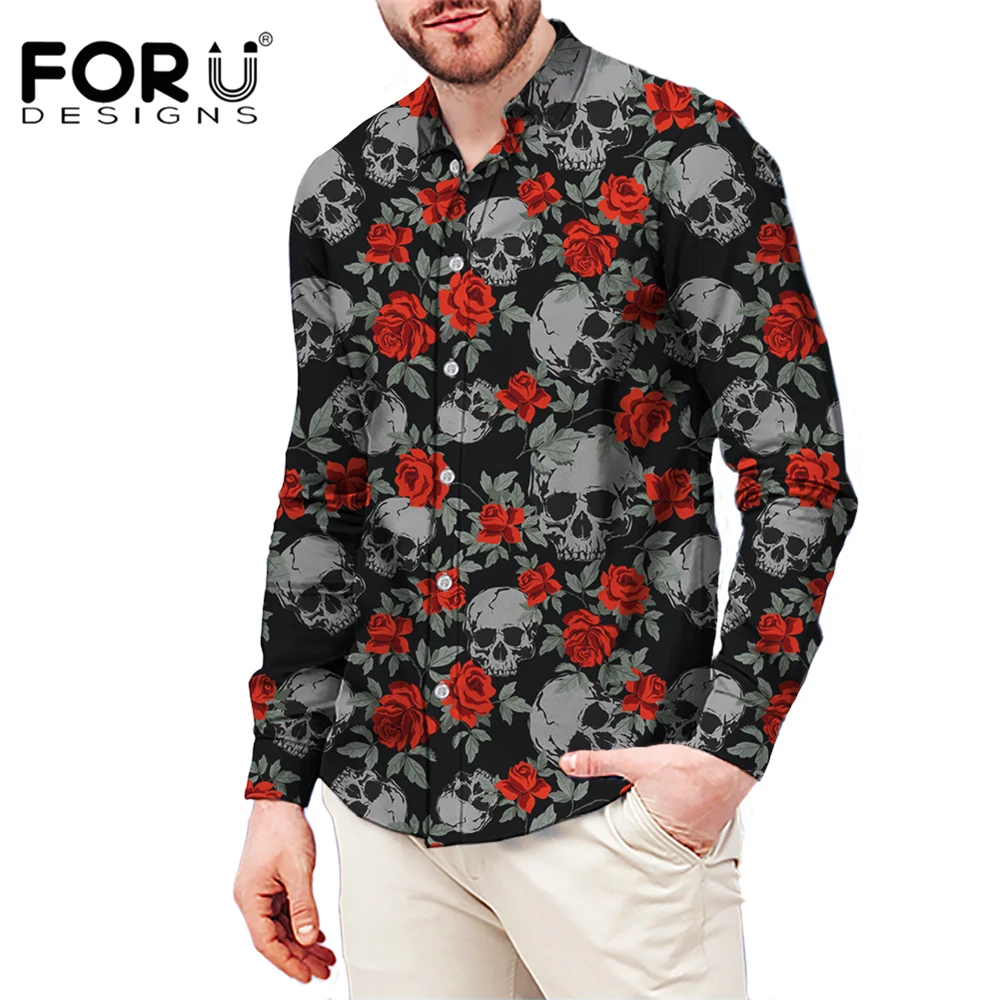 

FORUDESIGNS Red Rose Grey Skull Pattern Print Long Sleeved Shirt For Man Classic-Fit Printed Button Down Camisa Social Masculina