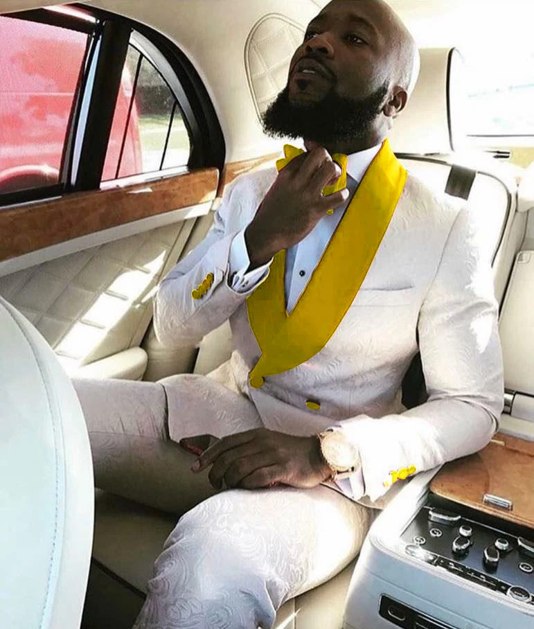 

ANNIEBRITNEY White Jacquard Prom Wedding Suits for Men Custom Mens Suits Tuxedos with Gold Lapel Slim Fit Groom Blazer Pants Set