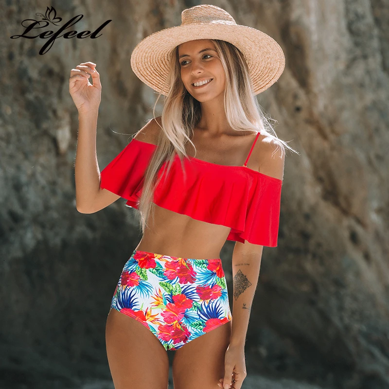 Lefeel бикини с принтом высокая талия купальник Цветочный комплект оборками без