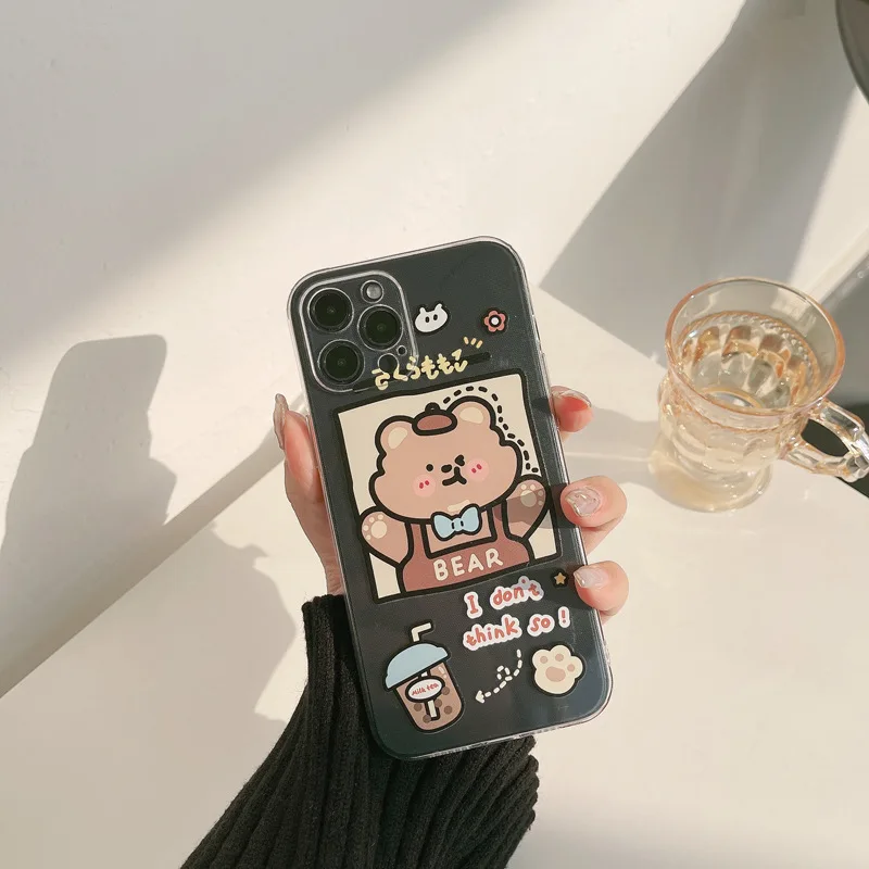 

Drink Cute Bear cartoon phone case silicone clear cover capa shell conque for iphone 11 12 pro max mini 7 8 plus xs max x xr