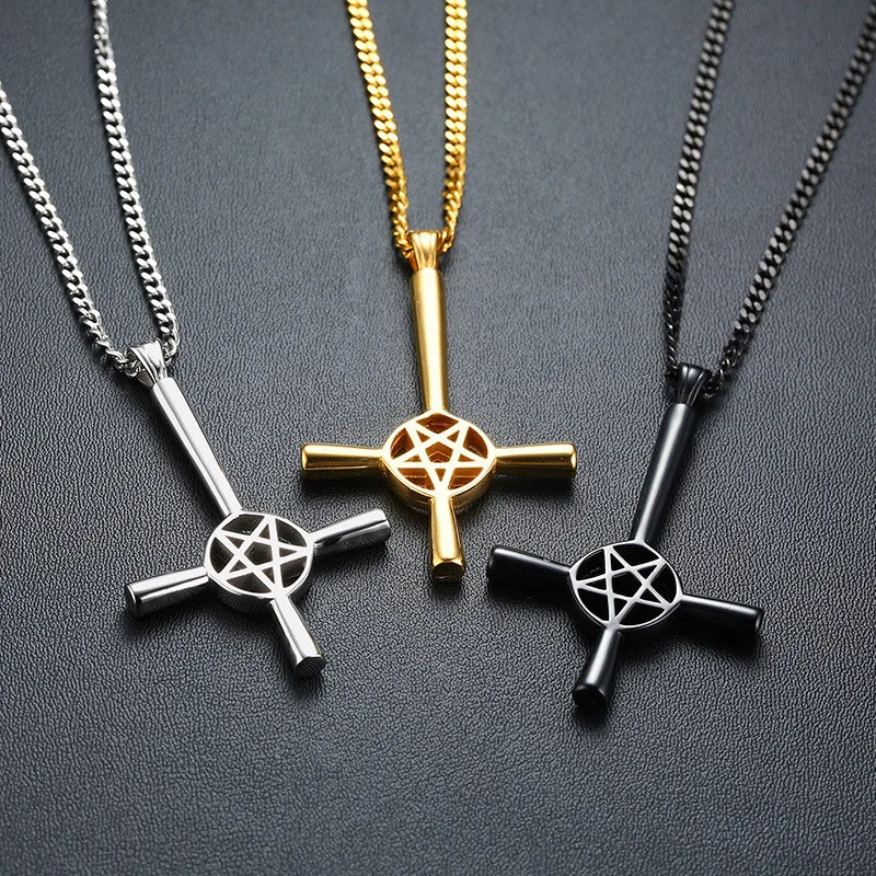 

ZORCVENS 2022 New Inverted Cross Pentagram Star Pendant Necklace for Men Stainless Steel Lucifer Satan Male Jewelry