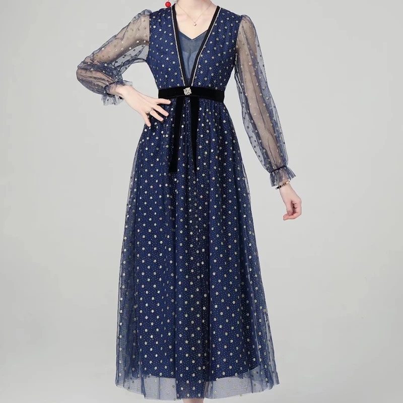 

Женское платье из тюля, облегающее платье в горошек, с V-образным вырезом, длинным рукавом, бантом и бриллиантами, осень 2021