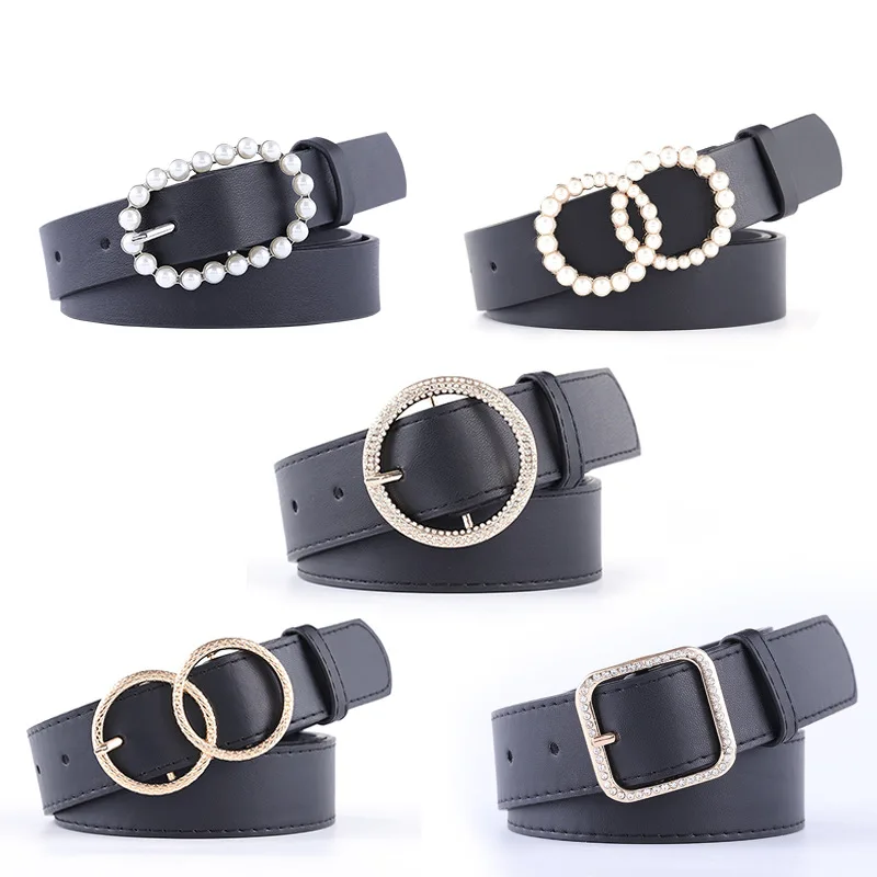 

Ремень с жемчужной пряжкой для женщин, роскошный кожаный декоративный пояс со стразами для джинсов, дизайнерский черный вечерний пояс в сти...