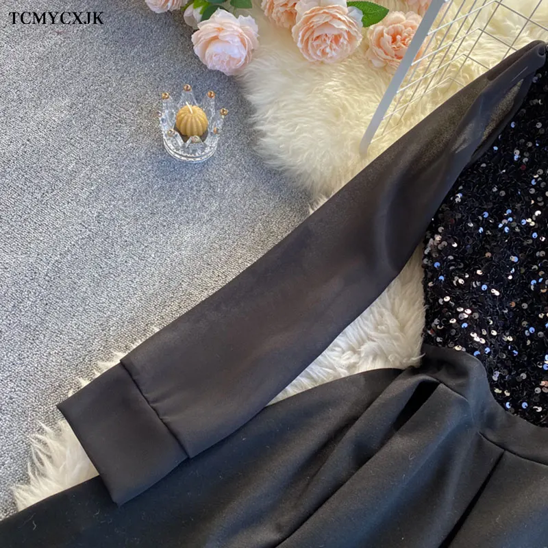 

2021 Spring Korea Fashion Sexy Dress Women Elegant Sequined Party Dress Long Sleeve High Waist A-Line Black Mini Dresses Vestido