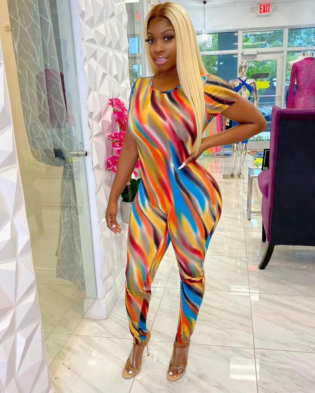 

SSEURAT Tie Dye Print Backless Women Jumpsuit Sexy Club Party Short Sleeve Bodycon Skinny Romper Summer Overall