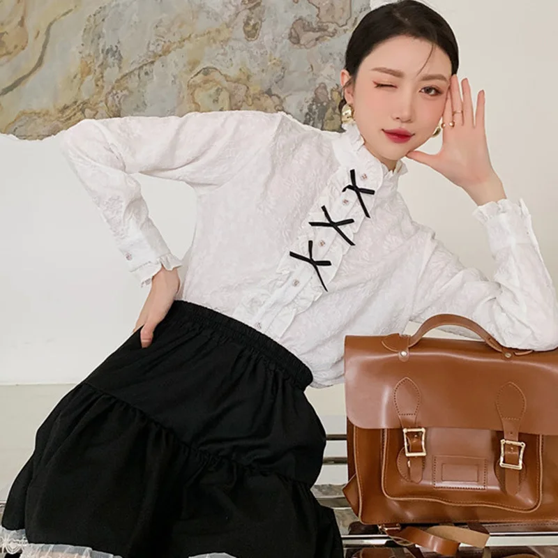 

LANMREM Women Shirt Turtleneck Long Sleeve White Color Fit Lady Shirts Fashion Tide Spring summer 2021 New Arrivals 2E2027