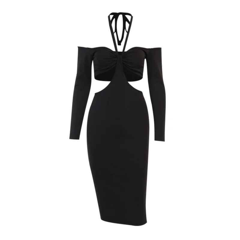 

WannaThis Mid-Dress Women Long Sleeve Summer Sexy Halter Bodycon Solid Color Hollow Out Elegant Party Dress Sexy Clubwear 2021