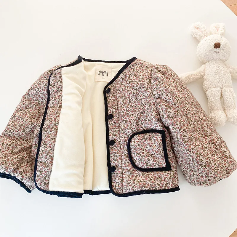 Детское зимнее пальто с хлопковой подкладкой цветочным принтом - купить по