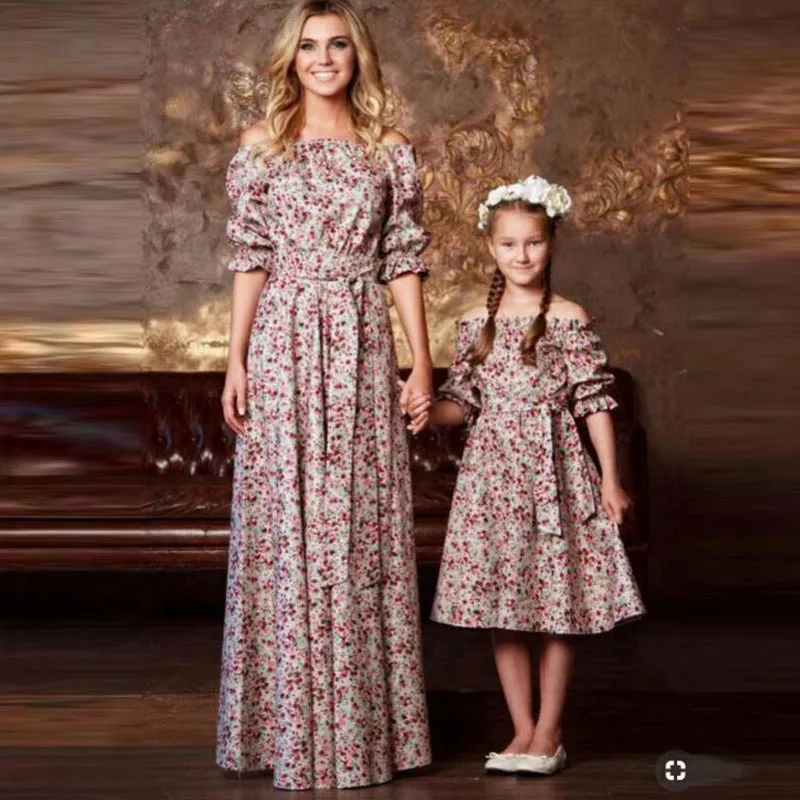 Long Parent-child Dress Cotton Flower Print Tie Bow Belt Mother And Daughter Family Clothes | Мать и ребенок