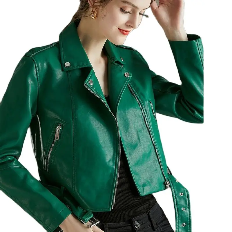 

Женская кожаная куртка-бомбер M.Y.FANTASY 2021, мотоциклетная куртка из искусственной кожи розового, желтого, черного цветов с поясом