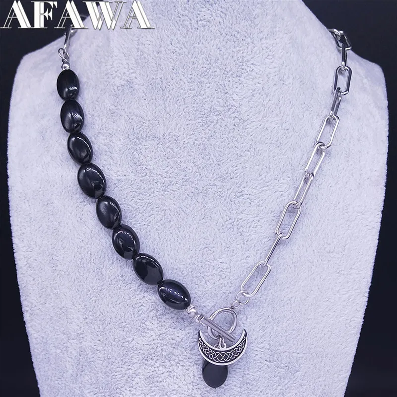 

2022 Moon Irish Knot Stainless Steel Black Natural Stone Charm Necklace Women/Men Silver Color Jewelry collier homme N3743S02