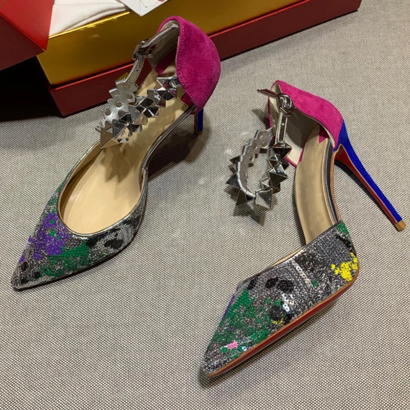 

Italian gujia LC 2021 new totem painted 10cm high heel women's shoes, color matching and soft leather upper, rivet chain, dream