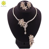 indian gold color jewelry sets flower necklace bracelet earrings ring party elegant women luxury jewelry birthday gift