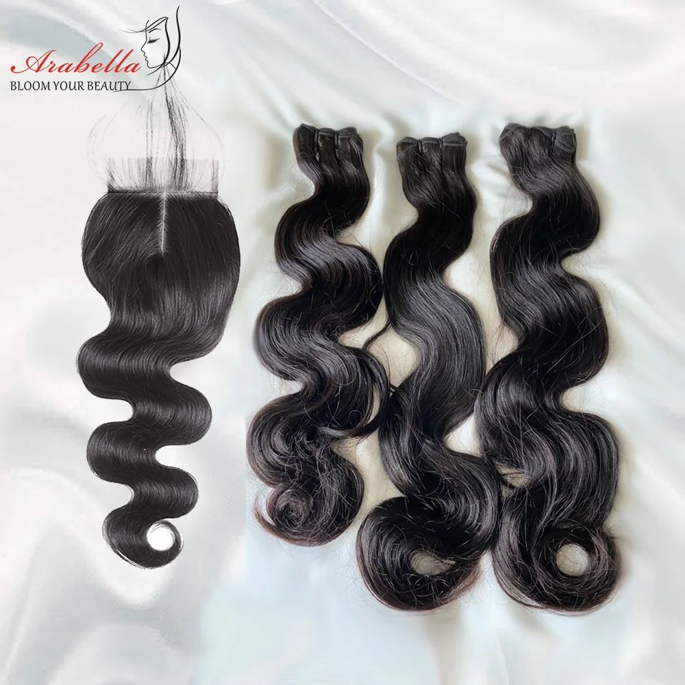 

Super Double Drawn Body Wave Hair Bundles With Transparent Lace Closure 100% Human Hair 3 Bundles Virgin Hair Extension Arabella
