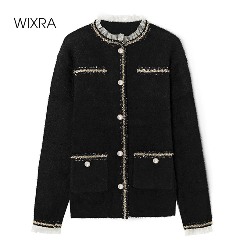 

Wixra Womens Jackets Elegant Stylish Patchwork Mesh Streetwear Female Pearl Buttons Outerwears Autumn Spring Hot