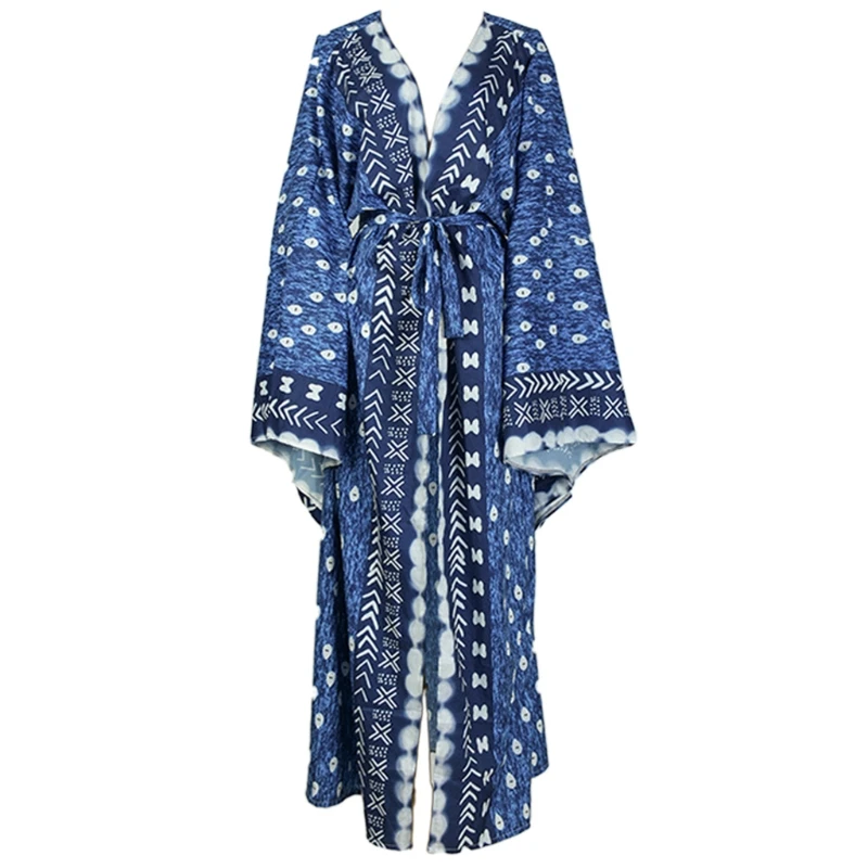 Женская Пляжная накидка в стиле бохо голубое кимоно с длинным рукавом и