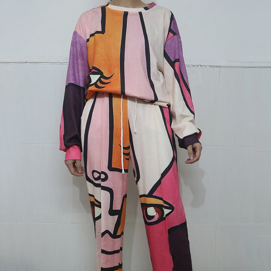 Розовый лицо глаза в стиле хип хоп тонкая Толстовка штаны костюм 2 предмета