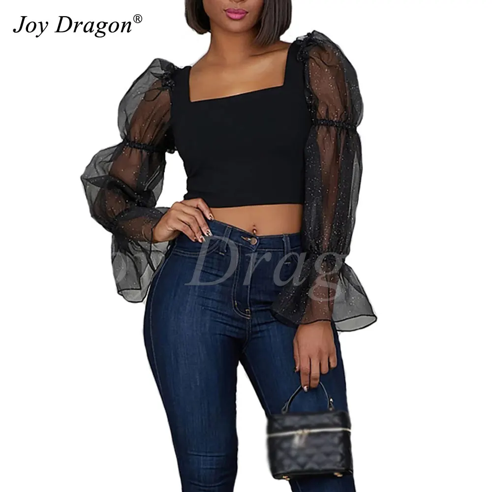 Женские короткие рубашки новые сетчатые топы с длинными рукавами и квадратным