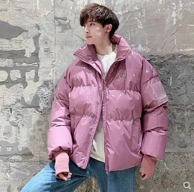 pink Зимняя куртка мужская мода маленький чистый стоячий воротник свободный Parker яркая кожа ткань Толстый хлопок пальто прилива Мужская пара - Цвет: pink