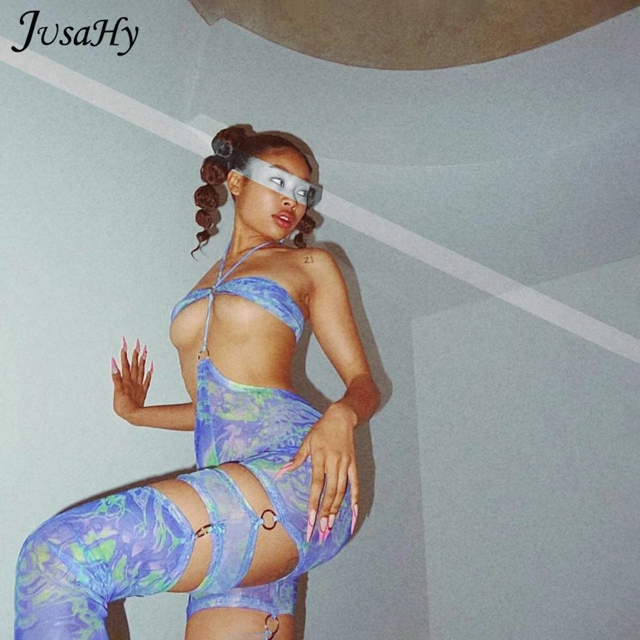 

Jusahy Printed Sexy Hollow Out Halter Rompers Womens Jumpsuit Chic Street Style Bandage Backless Party Clubwear Slim Outfits