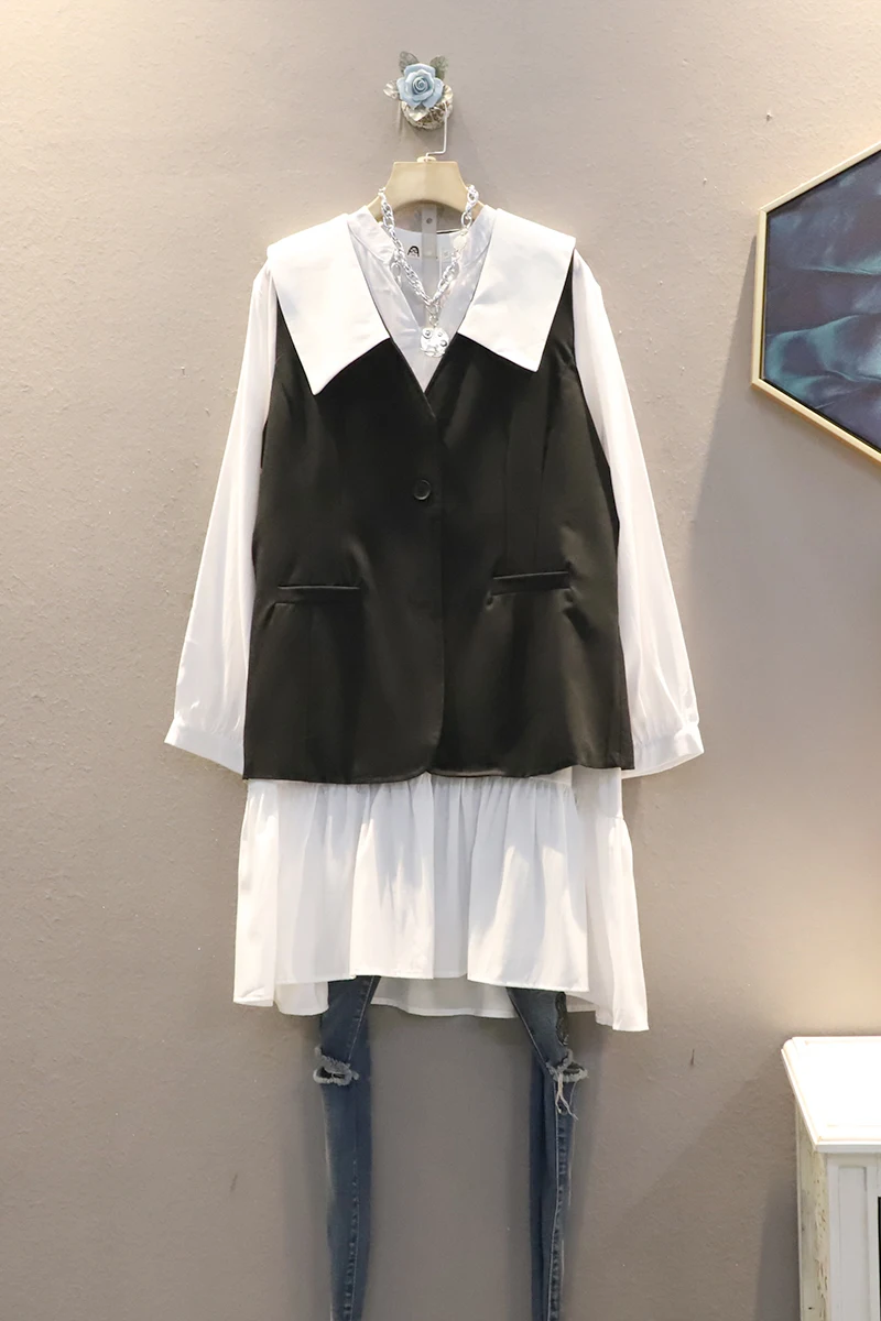 

2021 Spring New Plus Size Slim Vest and V Neck Full Turn Down Collar Dresses Women Set