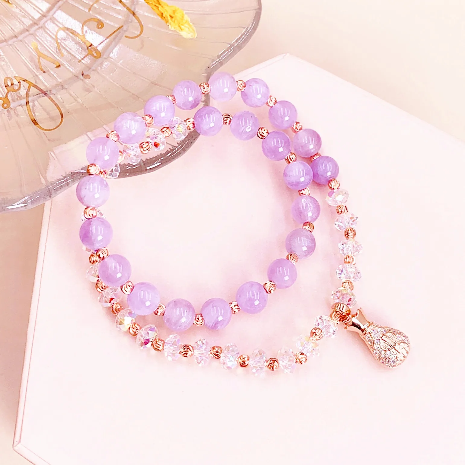 

Fashion jewelry Original handmade S925 silver purse pendant natural Purple jade bracelet multi-layer Austrian crystal Women