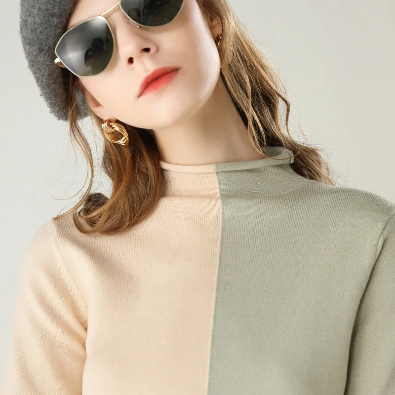 2020 Turtleneck Women's Cashmere Sweater Stitching Short Knit Fashion Casual Pullover Long-sleeved Warm Jumper Pullovers | Женская