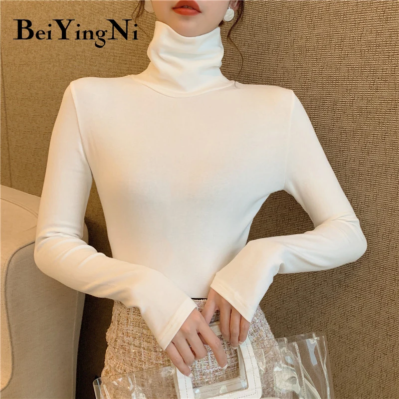 

Beiyingni 2020 Spring Autumn Women's T-shirts Solid Leisure Plain Slim Turtleneck Casual Streetwear Tshirt Women Tops Black Tees