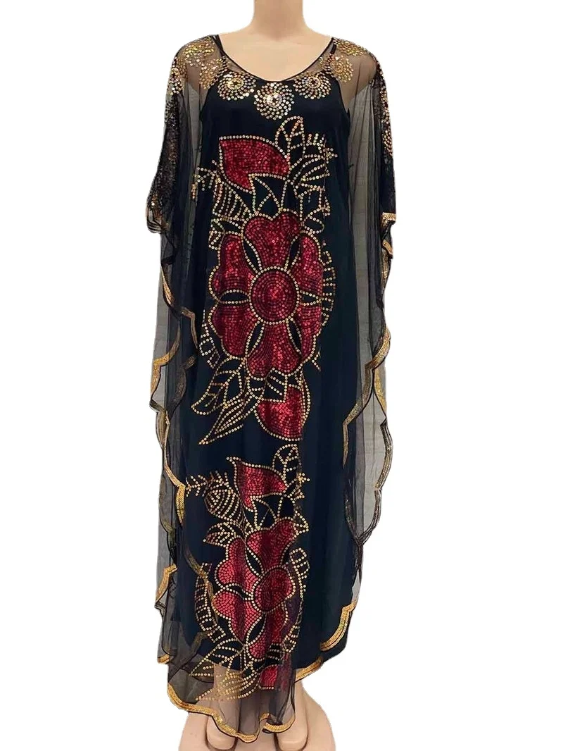 

New Style African Women's Clothing Dashiki Abaya Fashion Gauze Fabric Sequins Bat Sleeve Loose Dress Free Size Single Piece