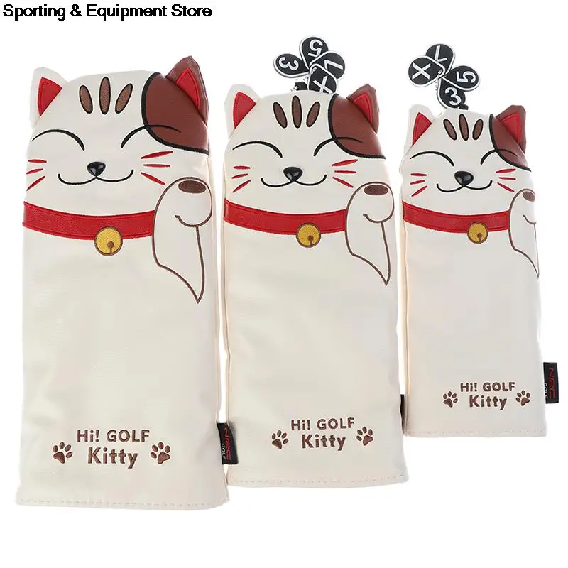 Cartoon Animal Cat Lucky Kitty Golf Club Head Covers Headcover Driver Fairway Wood Hybrid Set | Heads