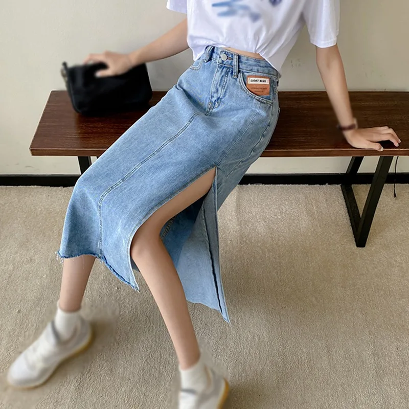 

Women Long Skirt Summer Vintage Design Side Split Mid High Waist A-Line Buttock Denim Skirt