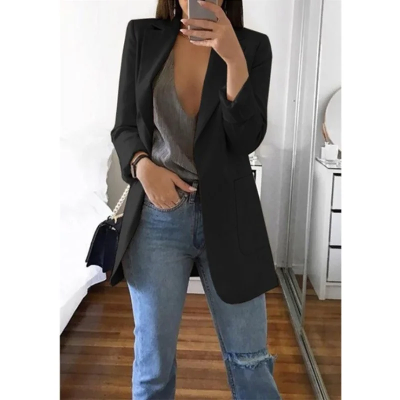 Однотонные женские куртки и пальто 5XL размера плюс, Осеннее болеро с длинным рукавом и отложным воротником, женские куртки с карманами - Цвет: Черный