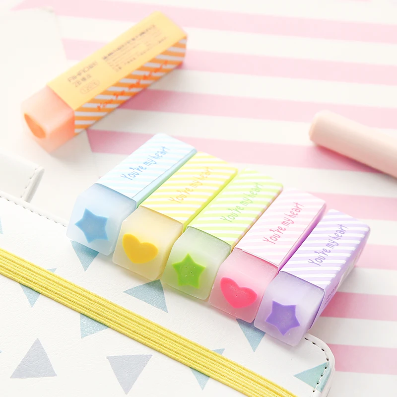 

6 pcs Amused Macaron Color Eraser Lovely Graph Soft Heart Star Pencil Erasers Stationery Office School Students Supplies H6993