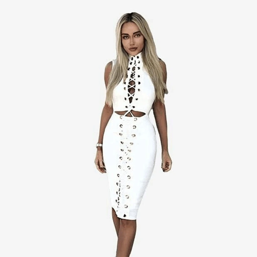 2019 Fashion White Hollow Out bandage Dress Lace Up Bodycon Sleeveless Sexy Women Metal Elegant Solid Celebrity Vestidos Dresses | Женские