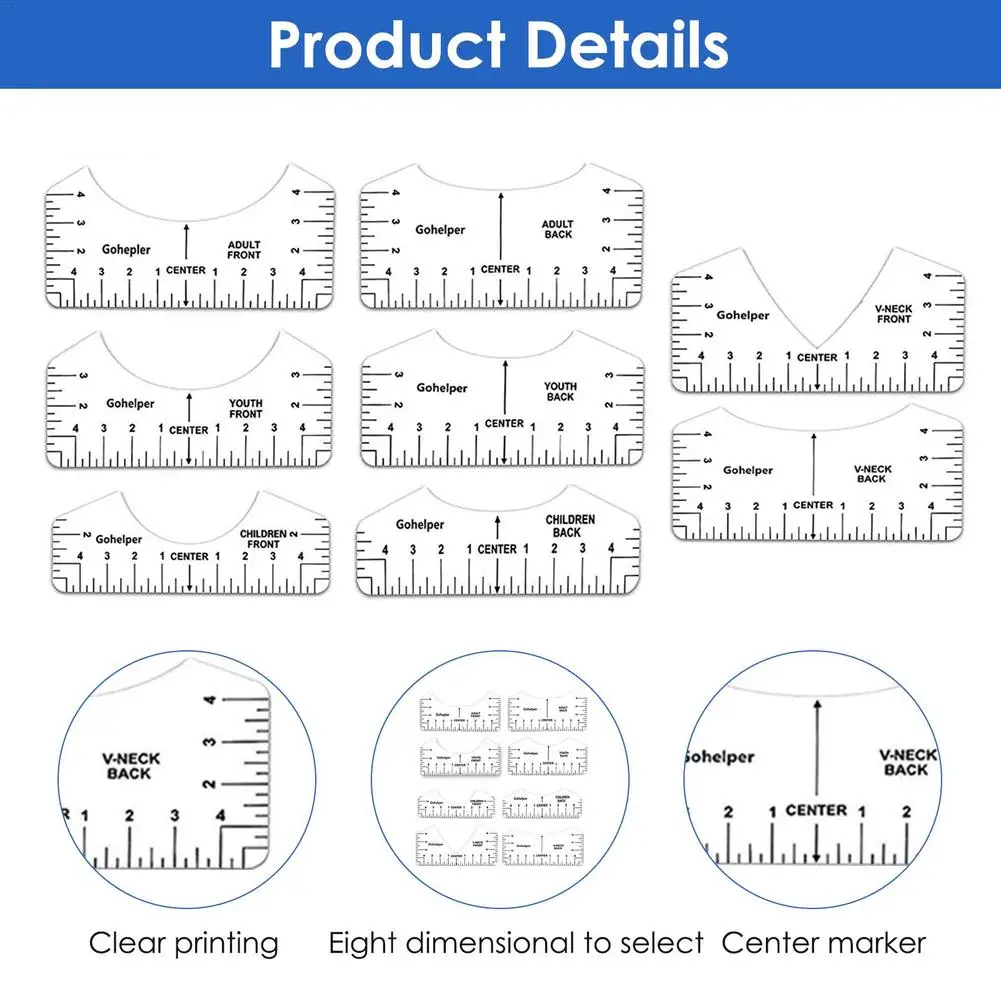 

8Pcs T shirt Ruler V Neck Alignment Tool Tee Designing Guide Tool Made of PVC Front and Back Design Easily Make T-shirts