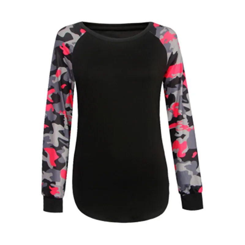 T-shirts For Women Autumn Long-sleeved Camouflage Print Patchwork Top T-shirt Female Casual Streetwear Black Cotton Shirt Slim | Женская