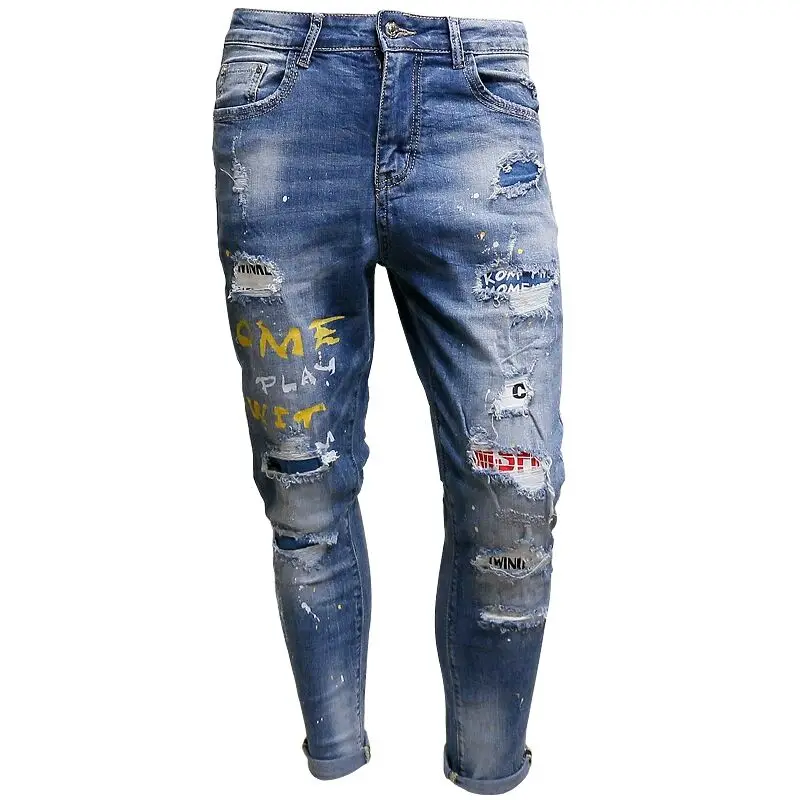 

Ripped Hole Blue Jeans Men 2021 Hip Hop Desginer Color Patchwork Brand Jeans Pants Big Size Streetwear Trousers