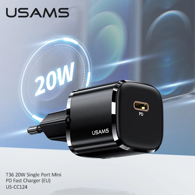 Зарядное устройство USAMS PD 20 Вт + кабель Type C на Lightning для iPhone 12 Pro Max Mini QC4.0 QC3.0 сетевое
