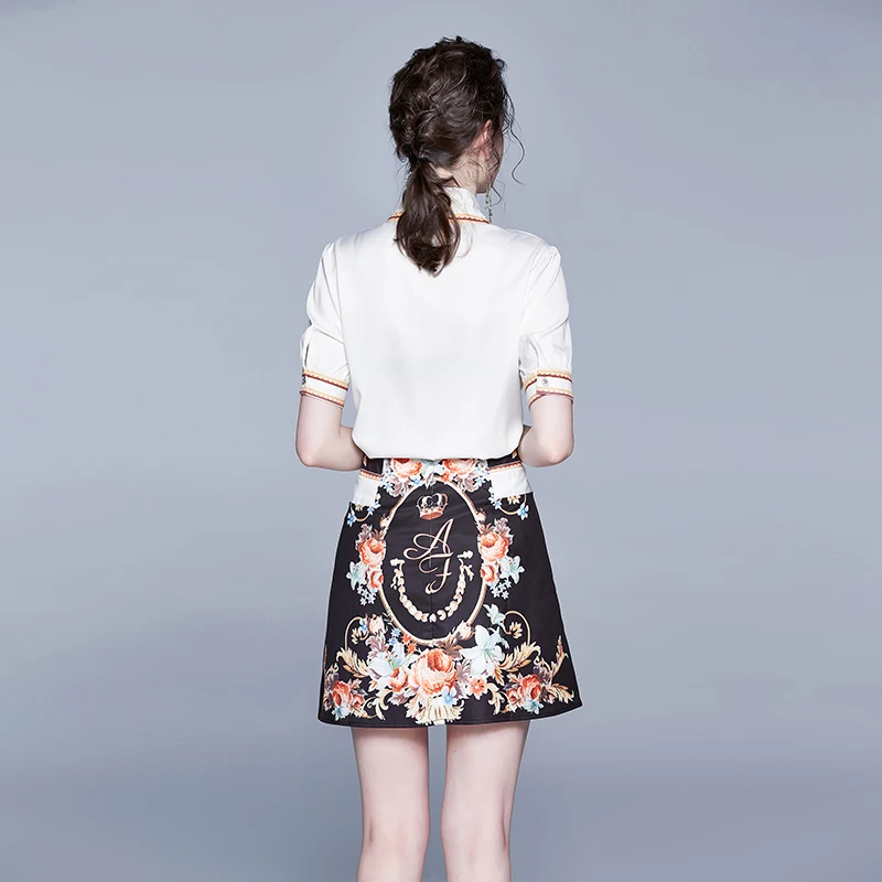 

Runway 2 Piece Set Office Ladies Rose Skirt and Short Sleeve Shirt Top Women Casual Flower Printed Blouse Summer 2 Piece Outfits