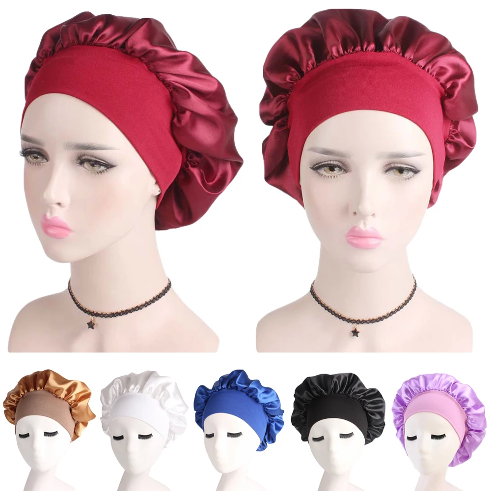 

Women Satin Bonnet Cap Night Sleep Hair Protect Head Cover Wide Band Adjust Hats Nightcap Hair Loss Unisex Fashion