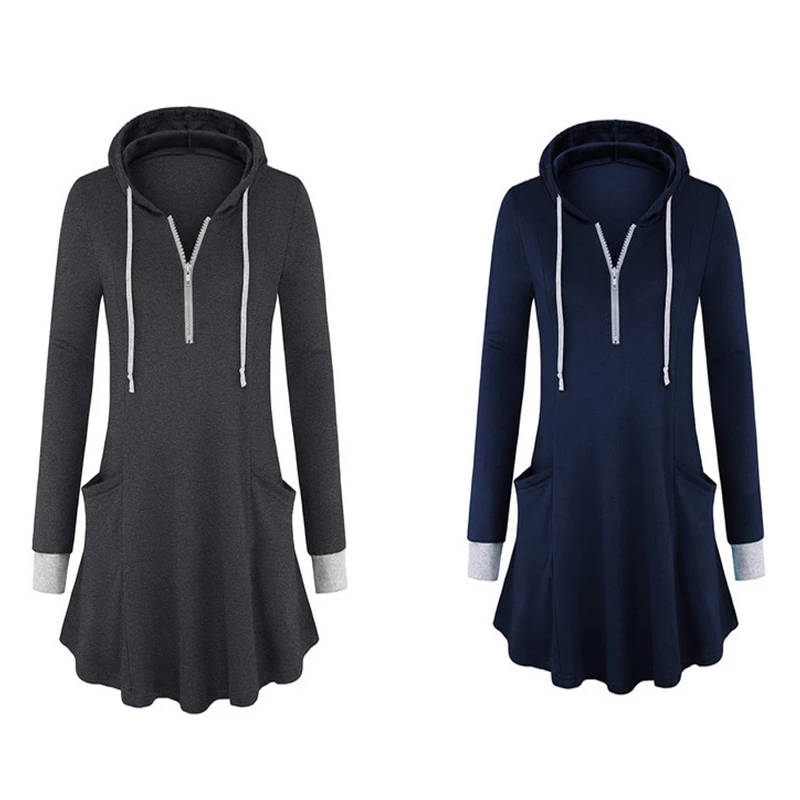 

Fashion Hooded T Shirt For Women Long Sleeve Tunic T-Shirt With Pockets Casual Clothes Front Zipper Patchwork Shirt Office Lady