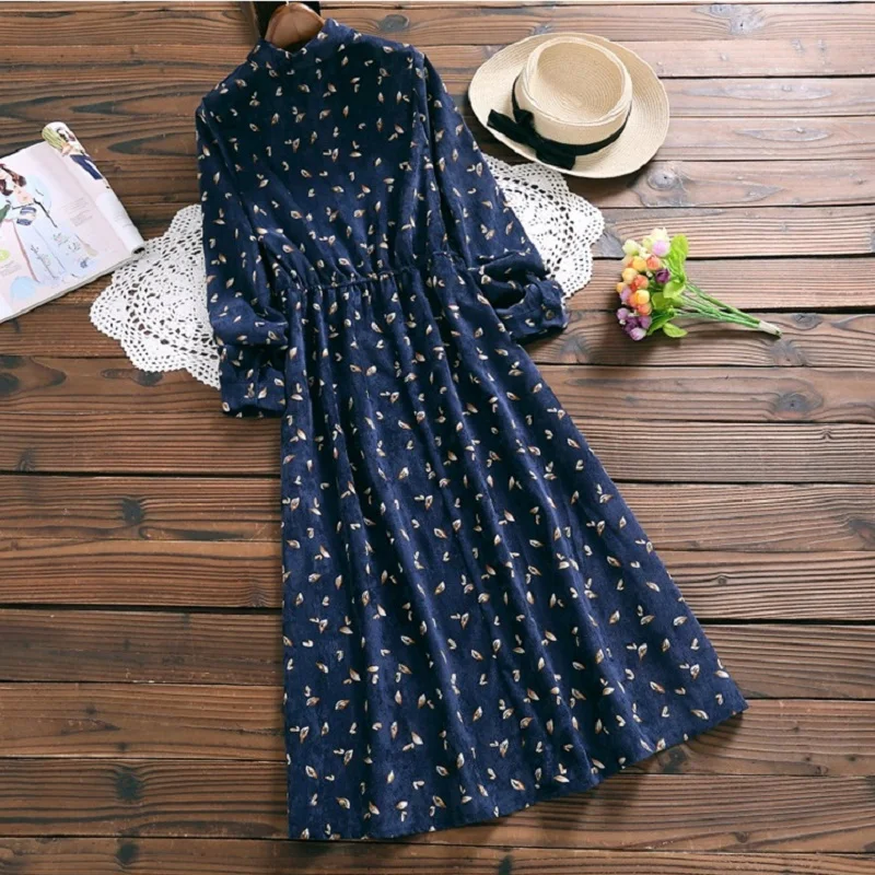 

Spring Autumn Women Corduroy A-Line Dress Turn Down Collar Navy Blue Print Midi Female Vestidos Long Sleeve Elegant Loose Dress