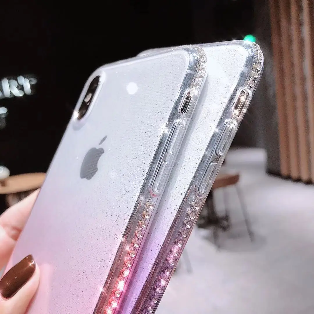 Градиентный Алмазный Мягкий Прозрачный чехол для iPhone 7 8 Plus XS MAX 10 XR X 6 6s Блестящий