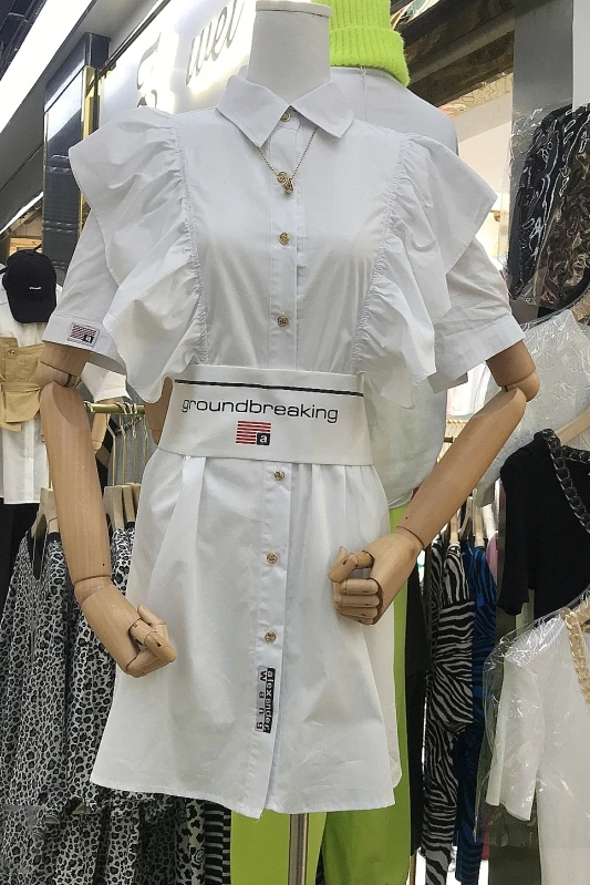 

Women's Short Sleeve A Line Shirt Dress 2021 New Color Stitching Ruffled Slimming Plus Size Dress Female High Waist White Dress